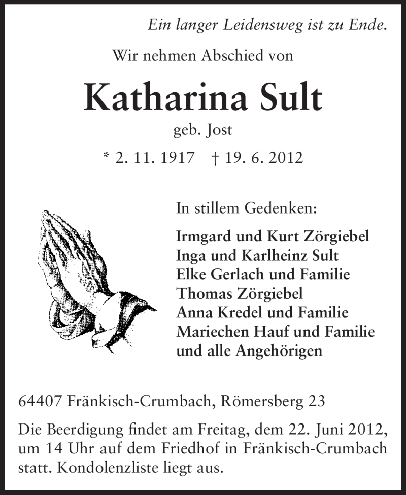  Traueranzeige für Katharina Sult vom 21.06.2012 aus Echo-Zeitungen (Gesamtausgabe)
