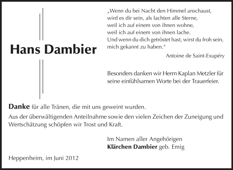  Traueranzeige für Hans Dambier vom 23.06.2012 aus Starkenburger Echo