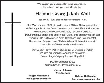 Traueranzeige von Helmut Georg Jakob Wolf von Odenwälder Echo