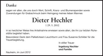 Traueranzeige von Dieter Hechler von Rüsselsheimer Echo, Groß-Gerauer-Echo, Ried Echo