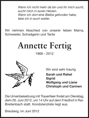 Traueranzeige von Annette Fertig von Odenwälder Echo