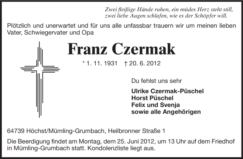  Traueranzeige für Franz Czermak vom 23.06.2012 aus Odenwälder Echo