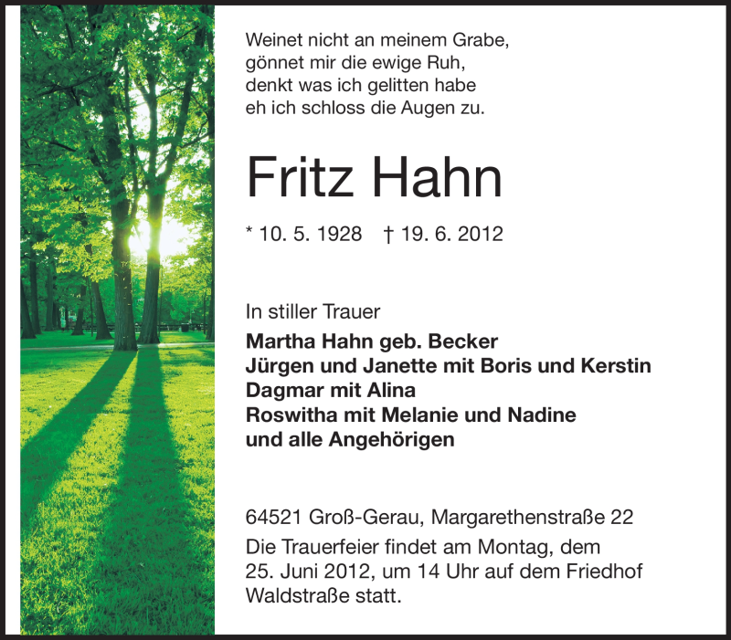  Traueranzeige für Fritz Hahn vom 22.06.2012 aus Rüsselsheimer Echo, Groß-Gerauer-Echo, Ried Echo