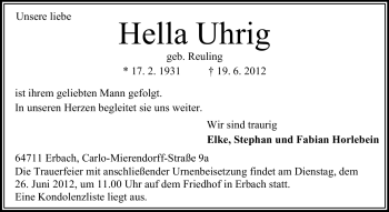 Traueranzeige von Hella Uhrig von Odenwälder Echo