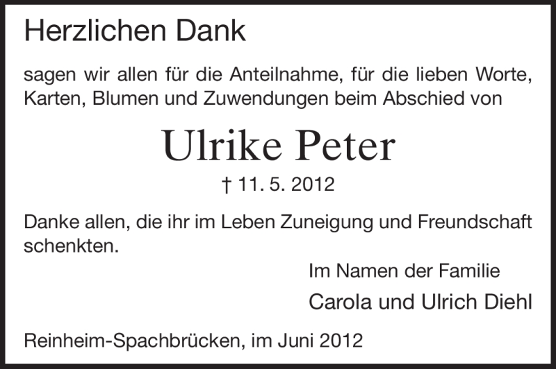  Traueranzeige für Ulrike Peter vom 23.06.2012 aus Darmstädter Echo, Odenwälder Echo, Rüsselsheimer Echo, Groß-Gerauer-Echo, Ried Echo