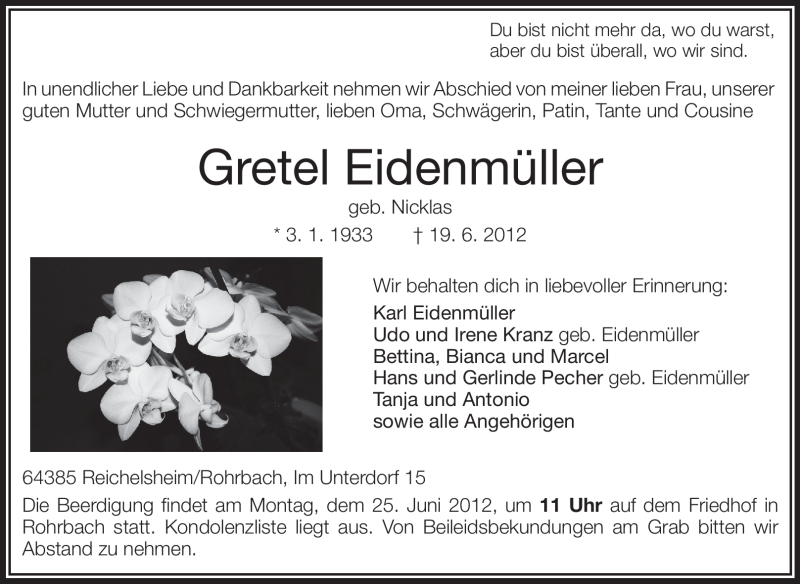  Traueranzeige für Gretel Eidenmüller vom 23.06.2012 aus Echo-Zeitungen (Gesamtausgabe)