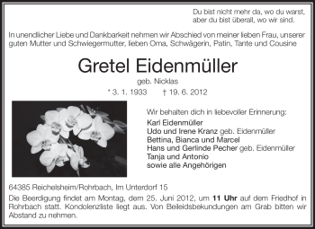 Traueranzeige von Gretel Eidenmüller von Echo-Zeitungen (Gesamtausgabe)