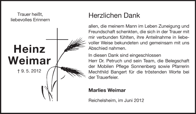  Traueranzeige für Heinz Weimar vom 23.06.2012 aus Odenwälder Echo