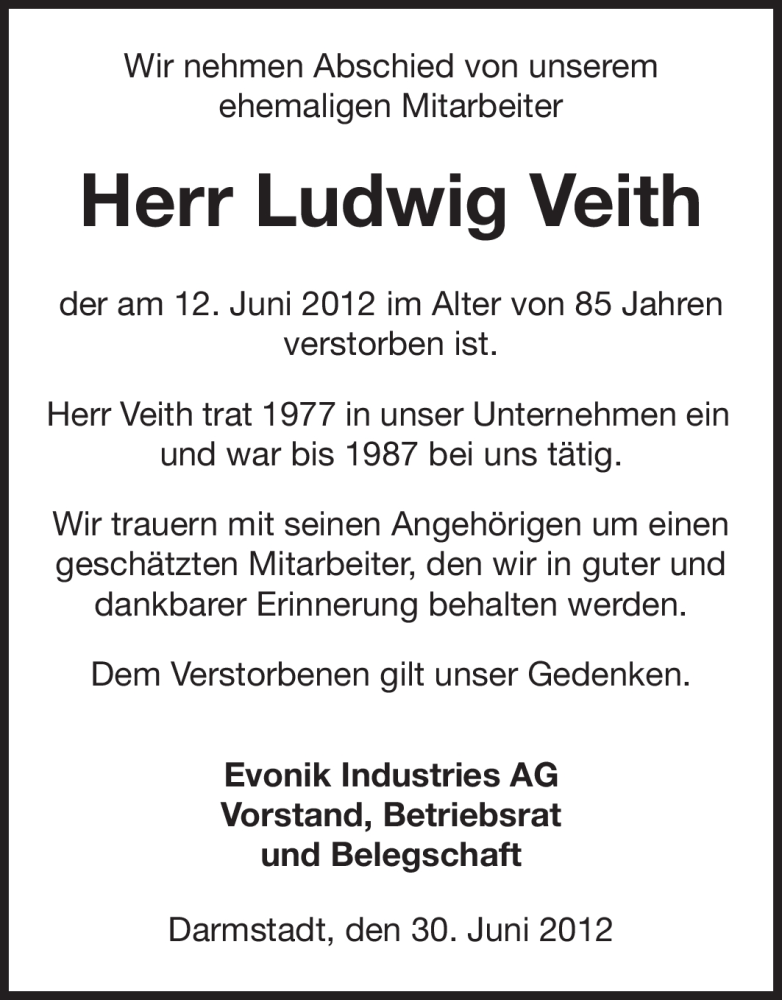  Traueranzeige für Ludwig Veith vom 30.06.2012 aus Echo-Zeitungen (Gesamtausgabe)