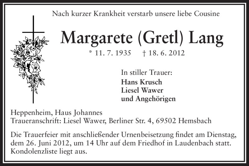  Traueranzeige für Margarete Lang vom 22.06.2012 aus Starkenburger Echo