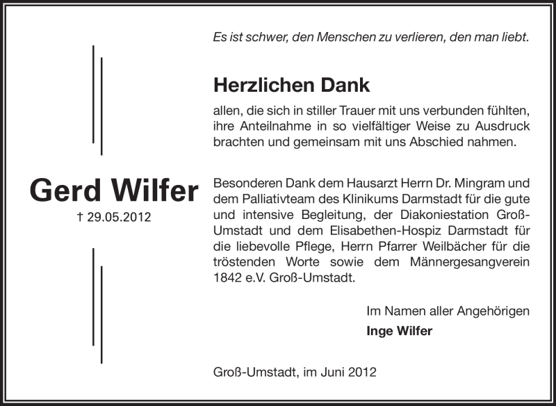  Traueranzeige für Gerd Wilfer vom 23.06.2012 aus Echo-Zeitungen (Gesamtausgabe)