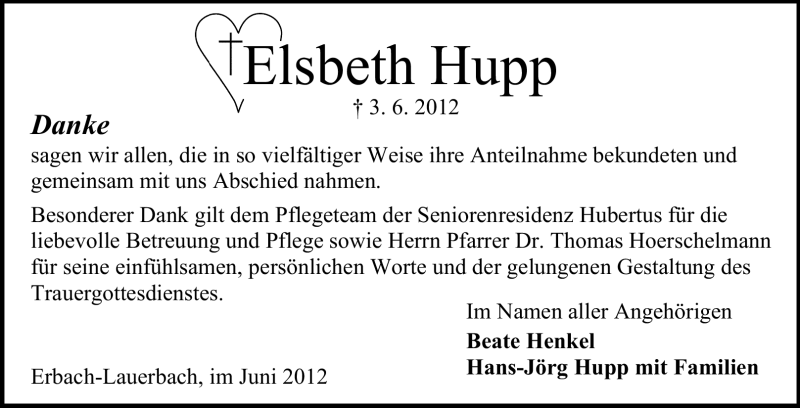  Traueranzeige für Elsbeth Hupp vom 23.06.2012 aus Odenwälder Echo