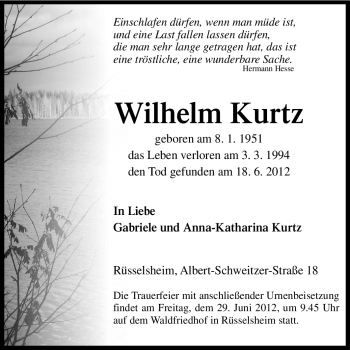 Traueranzeige von Wilhelm Kurtz von Rüsselsheimer Echo, Groß-Gerauer-Echo, Ried Echo