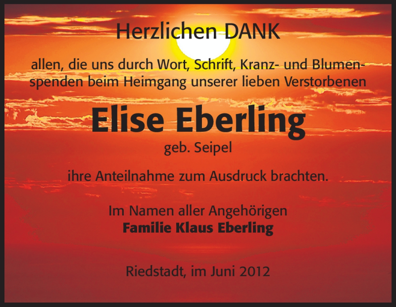  Traueranzeige für Elise Eberling vom 25.06.2012 aus Rüsselsheimer Echo, Groß-Gerauer-Echo, Ried Echo