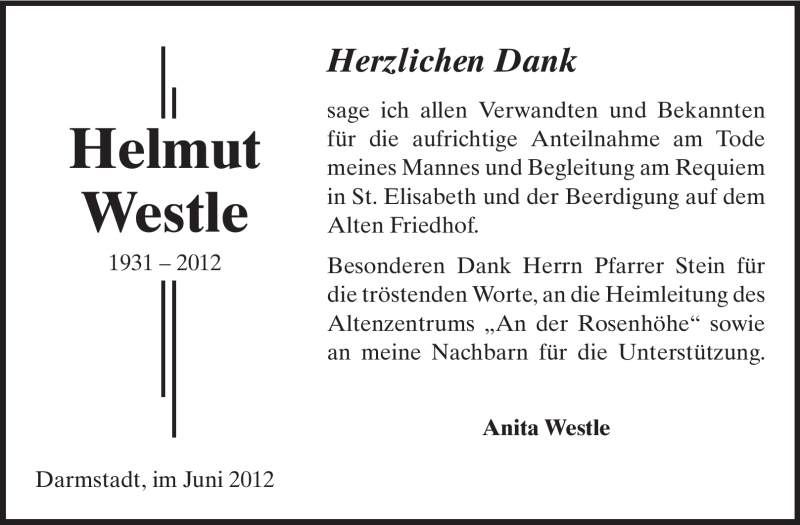  Traueranzeige für Helmut Westle vom 23.06.2012 aus Darmstädter Echo, Odenwälder Echo, Rüsselsheimer Echo, Groß-Gerauer-Echo, Ried Echo
