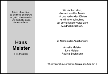 Traueranzeige von Hans Meister von Rüsselsheimer Echo, Groß-Gerauer-Echo, Ried Echo