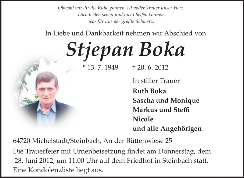  Traueranzeige für Stjepan Boka vom 23.06.2012 aus Odenwälder Echo
