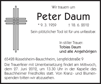 Traueranzeige von Peter Daum von Rüsselsheimer Echo, Groß-Gerauer-Echo, Ried Echo