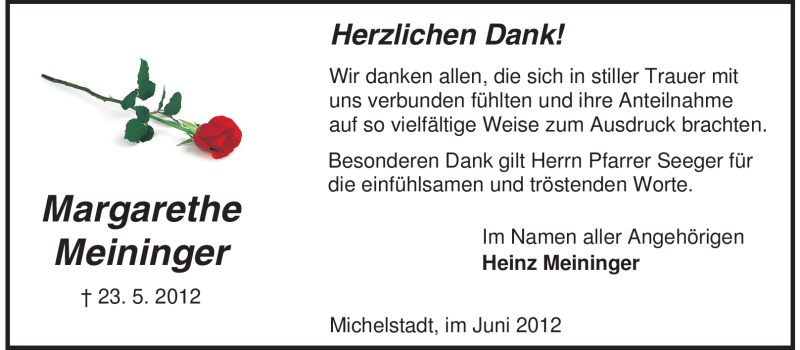  Traueranzeige für Margarethe Meininger vom 23.06.2012 aus Odenwälder Echo