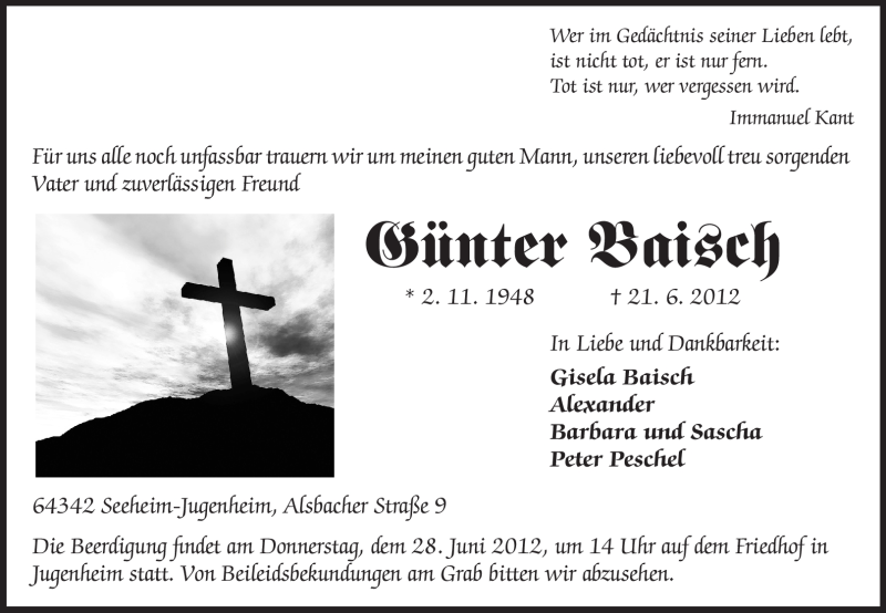  Traueranzeige für Günter Baisch vom 23.06.2012 aus Echo-Zeitungen (Gesamtausgabe)