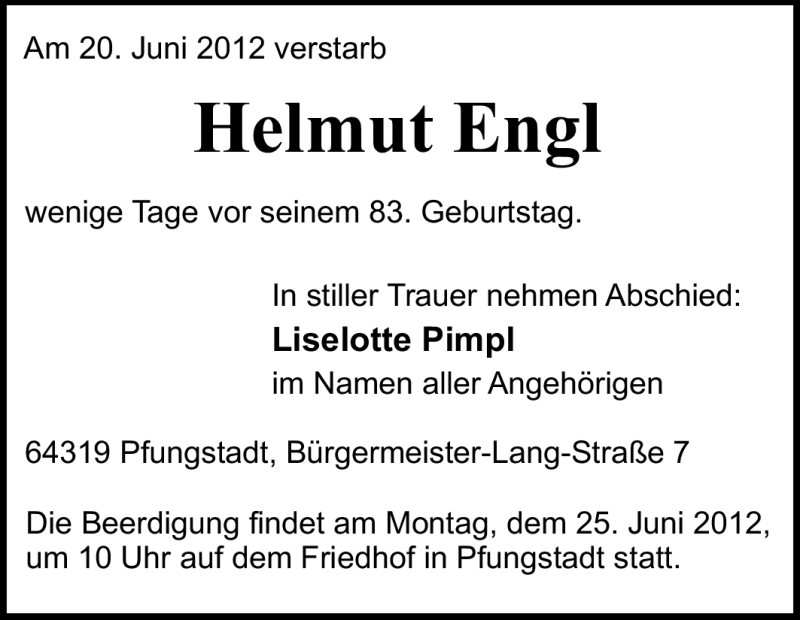  Traueranzeige für Helmut Engel vom 23.06.2012 aus Echo-Zeitungen (Gesamtausgabe)