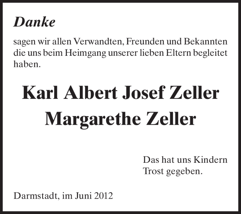  Traueranzeige für Karl Albert Josef und Margarethe Zeller vom 30.06.2012 aus Echo-Zeitungen (Gesamtausgabe)