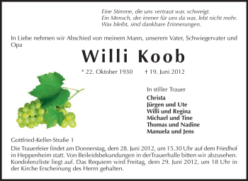 Traueranzeige von Wilhelm Koob von Starkenburger Echo