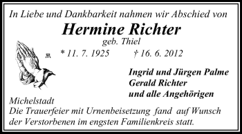 Traueranzeige von Hermine Richter von Odenwälder Echo