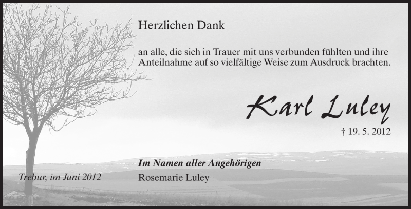  Traueranzeige für Karl Luley vom 27.06.2012 aus Rüsselsheimer Echo, Groß-Gerauer-Echo, Ried Echo