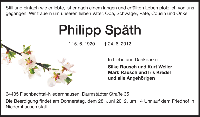  Traueranzeige für Philipp Späth vom 26.06.2012 aus Echo-Zeitungen (Gesamtausgabe)