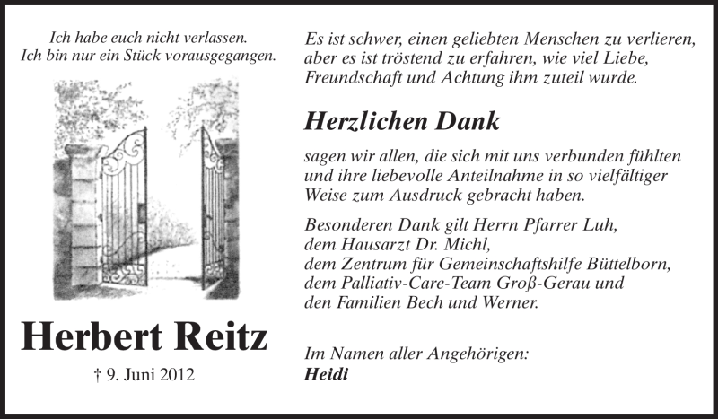  Traueranzeige für Herbert Reitz vom 26.06.2012 aus Rüsselsheimer Echo, Groß-Gerauer-Echo, Ried Echo