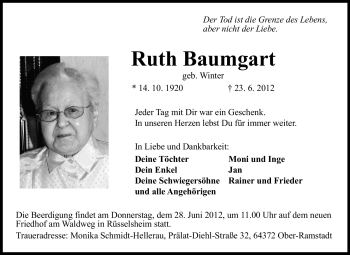 Traueranzeige von Ruth Baumgart von Rüsselsheimer Echo, Groß-Gerauer-Echo, Ried Echo