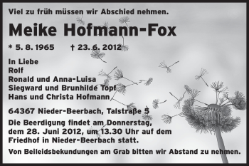 Traueranzeige von Meike Hofmann-Fox von Echo-Zeitungen (Gesamtausgabe)