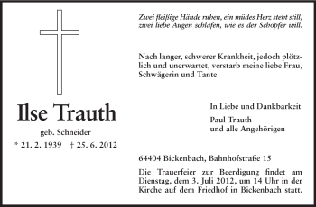Traueranzeige von Ilse Trauth von Echo-Zeitungen (Gesamtausgabe)