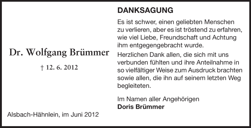  Traueranzeige für Wolfgang Brümmer vom 27.06.2012 aus Echo-Zeitungen (Gesamtausgabe)