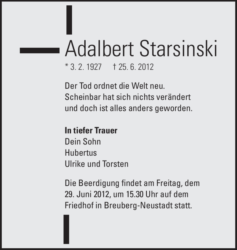  Traueranzeige für Adalbert Starsinski vom 27.06.2012 aus Odenwälder Echo