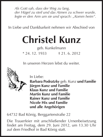 Traueranzeige von Christel Kunz von Odenwälder Echo