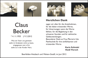 Traueranzeige von Claus Becker von Odenwälder Echo
