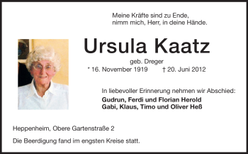 Traueranzeige von Ursula Kaatz von Starkenburger Echo