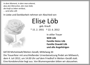 Traueranzeige von Elise Löb von Odenwälder Echo
