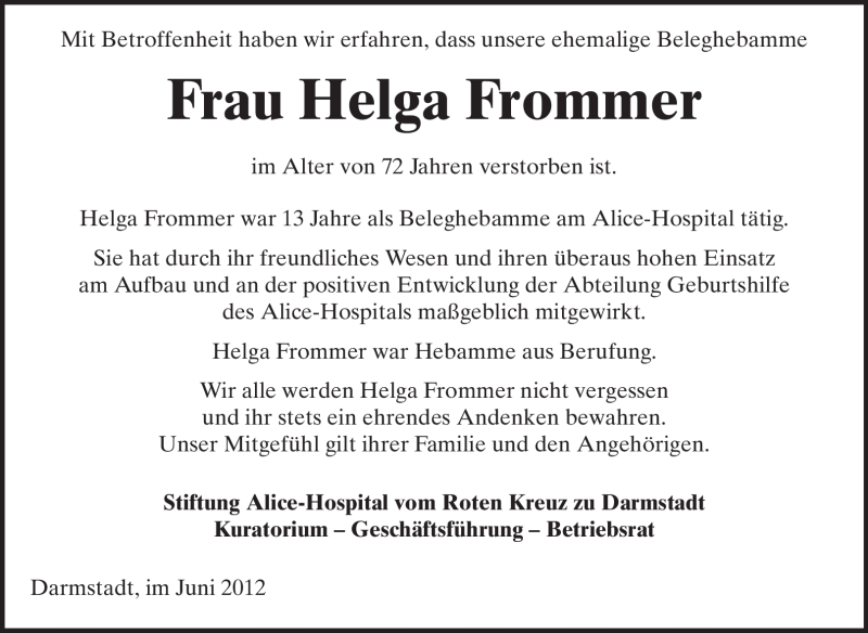  Traueranzeige für Helga Frommer vom 27.06.2012 aus Echo-Zeitungen (Gesamtausgabe)
