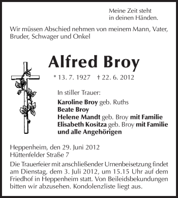 Traueranzeige von Alfred Broy von Starkenburger Echo