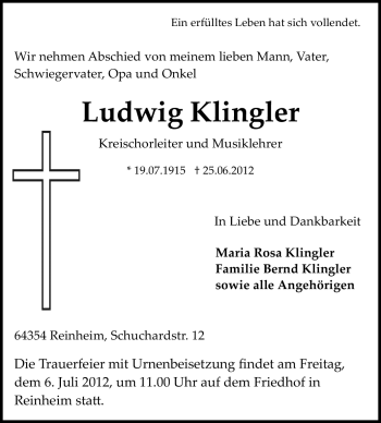 Traueranzeige von Ludwig Klinger von Darmstädter Echo, Odenwälder Echo, Rüsselsheimer Echo, Groß-Gerauer-Echo, Ried Echo
