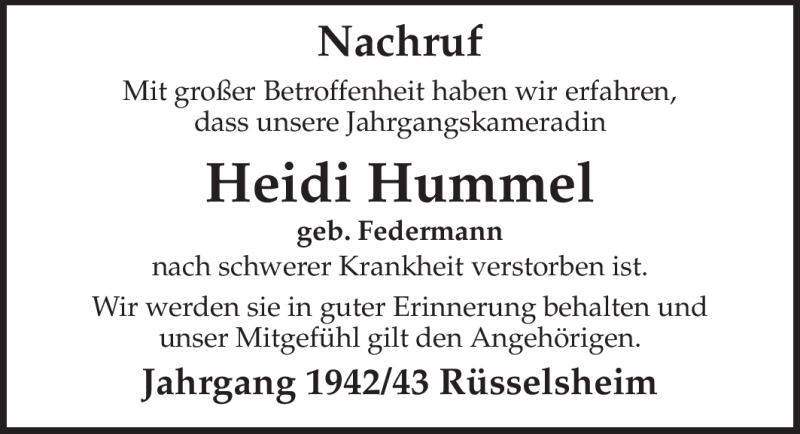  Traueranzeige für Heidi Hummel vom 30.06.2012 aus Rüsselsheimer Echo, Groß-Gerauer-Echo, Ried Echo