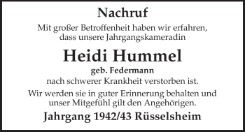 Traueranzeige von Heidi Hummel von Rüsselsheimer Echo, Groß-Gerauer-Echo, Ried Echo