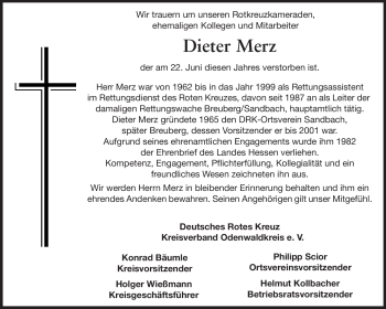 Traueranzeige von Dieter Merz von Odenwälder Echo