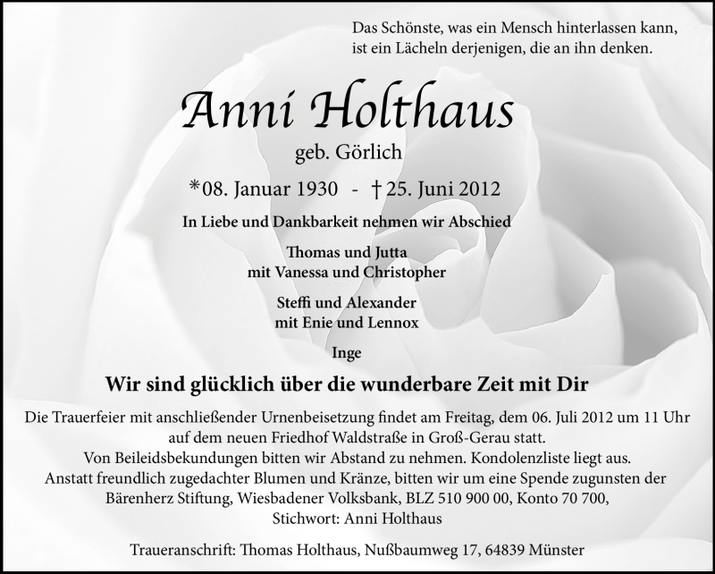  Traueranzeige für Anni Holthaus vom 30.06.2012 aus Echo-Zeitungen (Gesamtausgabe)