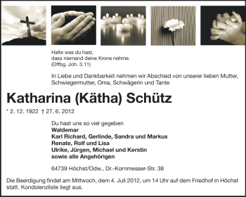 Traueranzeige von Katharina Schütz von Odenwälder Echo