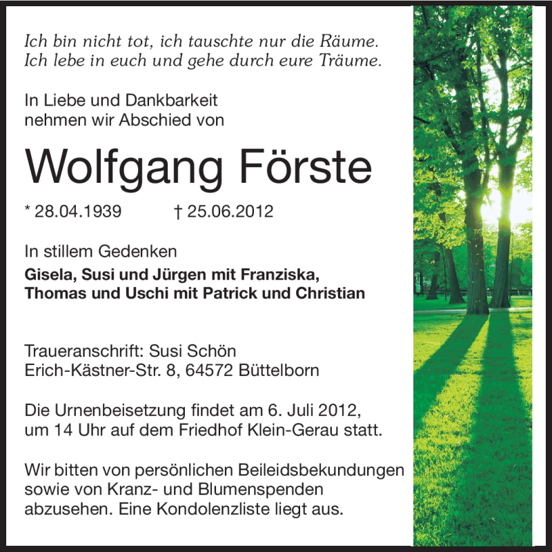  Traueranzeige für Wolfgang Förste vom 30.06.2012 aus Rüsselsheimer Echo, Groß-Gerauer-Echo, Ried Echo