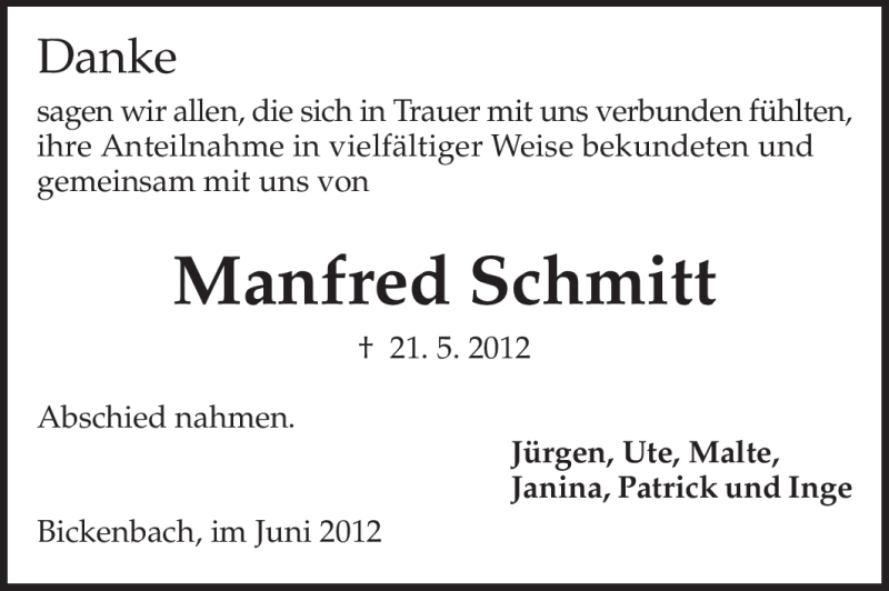  Traueranzeige für Manfred Schmitt vom 30.06.2012 aus Echo-Zeitungen (Gesamtausgabe)